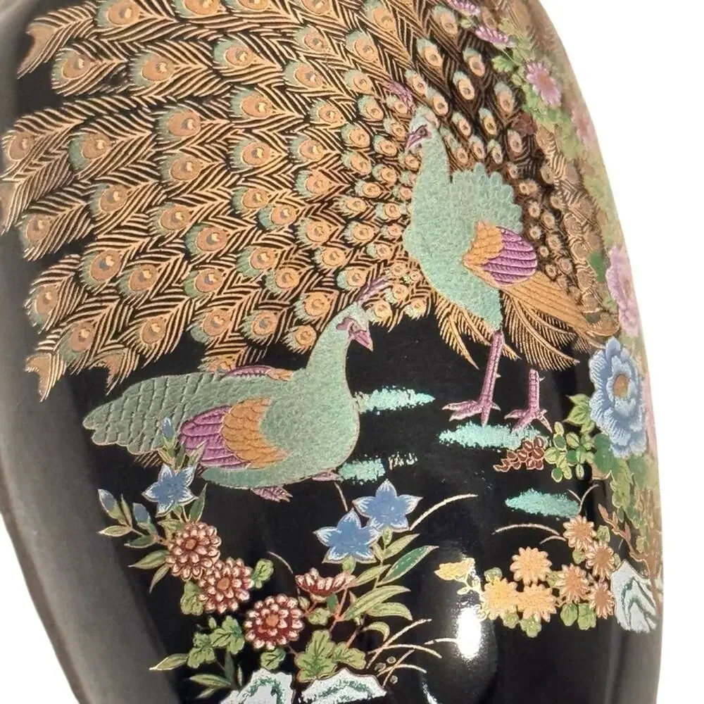 Vintage Japanese Porcelain Peacock Vase Gold Floral Black Hand Painted Japan 5” - Picture 4 of 7